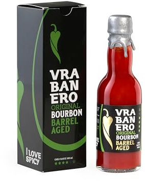 I LOVE SPICY Vrabanero Original Bourbon 100ml – Stark Chilisås med 80 % Fermenterad Chili – Lagrat i Äkta Bourbonfat – Styrka 4/5 – Vegansk – Begränsad Gåvoedition