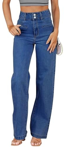 LuminBlaze Jeans de Mujer Pierna Ancha Talle Alto Elásticos con Cierre de Doble Botón Estilo Vintage Corte Suelto en Denim