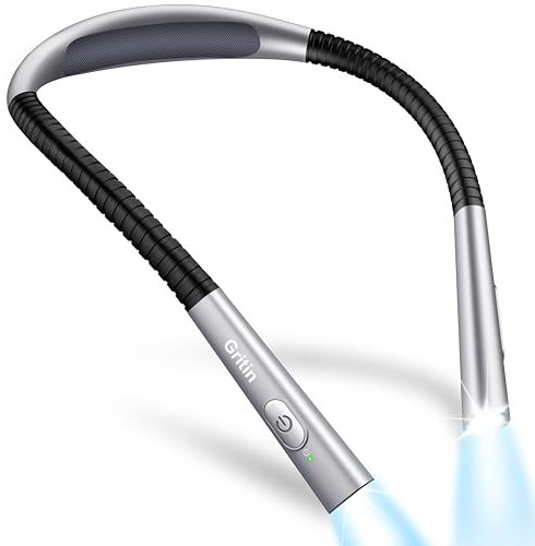 Gritin Book Light, Rechargeable Neck Light for Reading - 4-Color&5-Brightness,Bendable Arms,30-min Timer,80+ Hrs Runtime,Neck Curve Fit Ergonomic Design, Comfortable for Reading,Camping,Repairing etc.
