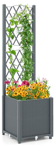 RELAX4LIFE Fioriera da Esterno con Graticcio, Sistema Auto-irrigante e Drenaggio, 2-in-1 Fioriera da Balcone per Piante Rampicanti, Giardino (Grigio, 40 x 40 x 140 cm)