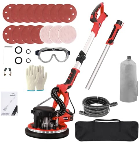 Drywall Sander - Popcorn Ceiling Removal Tool with Vacuum Dust Collector,Foldable,Variable Speed 800-1800RPM,Extendable Handle,LED Light,Sanding Discs,Red