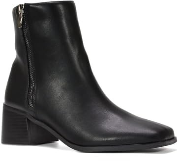 ESSEX GLAM Women's Chelsea Ankle Boots Ladies Black Synthetic Leather Low Block Heel Square Toe Zip Biker Booties Size 6