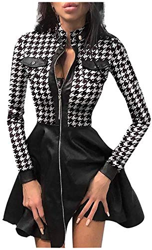 Vestido sexy para mujer con cremallera - Vestido de cuero de manga larga, estilo vintage gótico, mini, elegante y chic, casual, estilo steampunk, con forma de trapecio, versátil, para club, fiesta