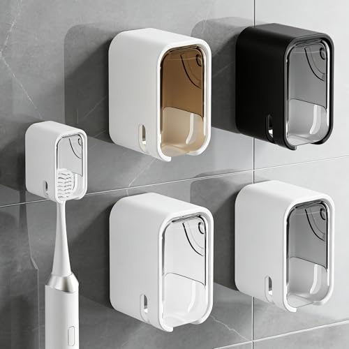 Porta cepillos de Dientes con Tapa para Pared, 4 Unidades - Cubierta higiénica a Prueba de Polvo, Montaje con ventosas y Adhesivo, Organizador de baño Familiar