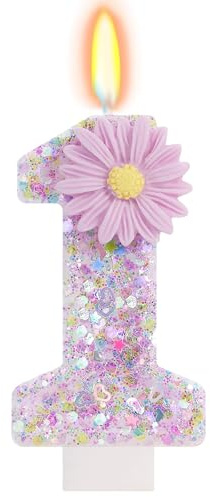 Vela Número 1 Cumpleaños Niña Morado con Purpurina y Flor Margarita 3D, Vela 1 Año Bebé Tarta, Vela Cumpleaños 1 Año, Decoración Pastel Primer Cumpleaños Niña, Velas Números 1, Primer Fiesta