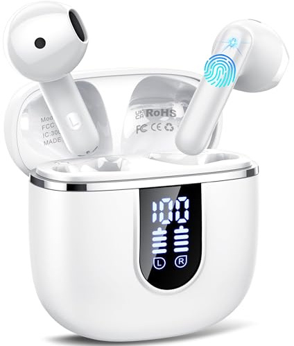 Auriculares Inalambricos Bluetooth 5.4, Auriculares Bluetooth con 4 Mic ENC Reducción de Ruido, 40H Cascos Inalambricos Bluetooth con HiFi Estéreo, Pantalla LED, IP7 Impermeable Audifonos USB-C Blanco