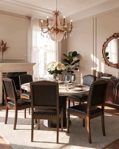 Wooden Dining Chairs Set of 6, Upholstered Leather Copper-Nailed Kitchen Chairs, High Backrest, Solid Wooden Legs, Soft Cushion, Max. Load 130 kg, Dining Room, Living Room (Black, Set of 6)