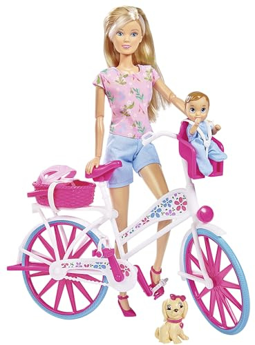 Simba 105739050 - Steffi LOVE Cykeltur - Steffi på sin Trendiga Cykel med Bebis, Cykelstol, Hund, Hundkorg och Många fler Tillbehör, 29cm + 5cm, Från 3 år