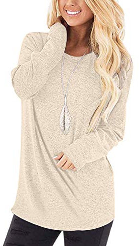 WNEEDU Damen Langarm T-Shirt Leicht Pullover Lose Langarmshirt Tunika Oberteile Casual Bluse Rundhals Tops