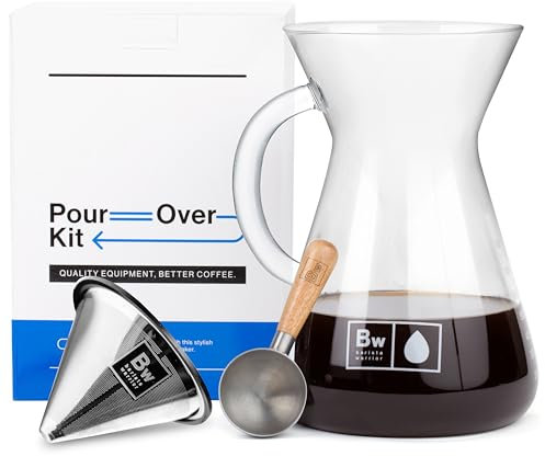 Barista Warrior Pour Over Coffee Maker with Glass Carafe and Reusable Stainless Steel Dripper – Complete Pour Over Coffee Kit with Acacia Wood Scoop for Rich, Flavorful Drip Brewing at Home