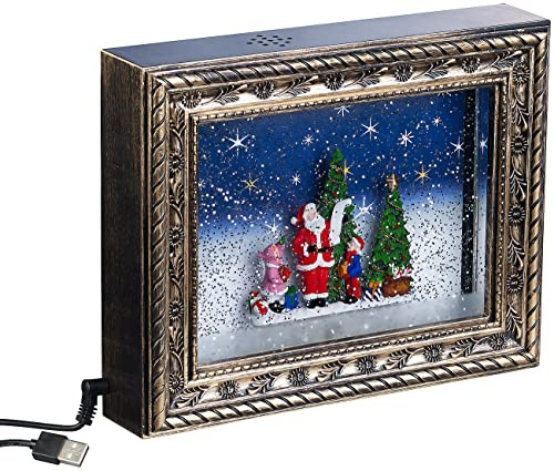 infactory Bilderrahmen mit Wasser: Weihnachts-Bilderrahmen Bescherung mit LEDs, Schneewirbel und Musik (Advents und Weihnachtsdekos, Leuchtbilderrahmen, Baum)
