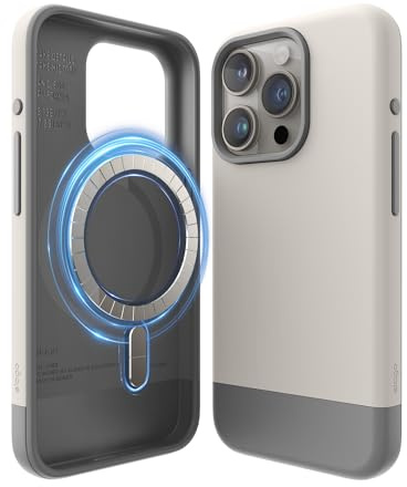 elago Magnetic Glide Case Compatible with iPhone 15 Pro Case, Compatible with MagSafe, Two-tone Design, Full Body Protective Cover [PC + TPU], Enhanced Camera Guard (Stone/Medium Grey)