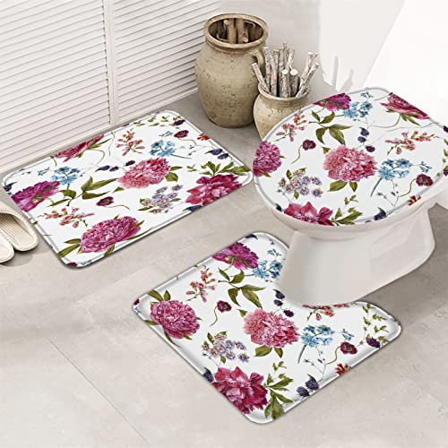 3-teiliges Badezimmerteppich-Set, Badematte, Aquarell-Vintage-Stil, Rosenblumen mit Brombeeren und Blättern, ultraweicher, rutschfester Badteppich, Konturmatte und Deckelbezug für Badewanne, Dusche