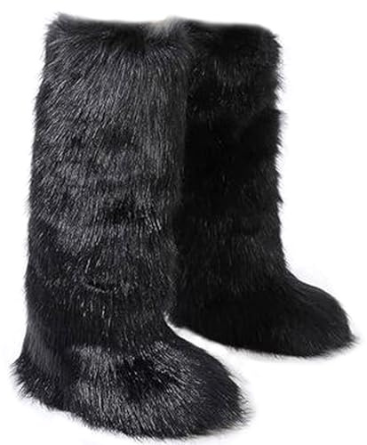 Valpeak Womens Faux Fur Boot Winter Fluffy Long Furry Boots for Girls Outdoor Fuzzy Knee-High Boots(Black,6)