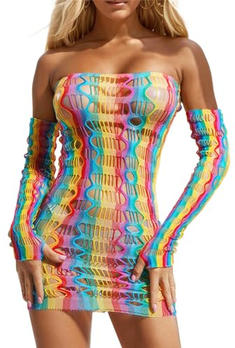 letcdfer Vestido de malla transparente con arco iris para mujer, sexy arco iris Fishnet elástico, vestido de malla, blusa de malla para mujer, Diseño 4, L