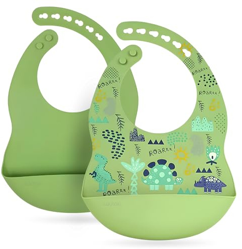 Lautoki® | Babero silicona bebe | Pack 2 Babero silicona | Sin BPA ni Tóxicos | Baberos bebe impermeables | Suave y con bolsillo canguro | BLW | Baberos silicona | Babete impermeável