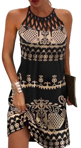 GRMLRPT Ärmlös boho sommarklänning för kvinnor, knälång etnisk stil, elegant tryckt mesh, retroklänningar, halterneck, fritidsklänning, damklänningar, strandklänningar för kvinnor (flerfärgad –1,