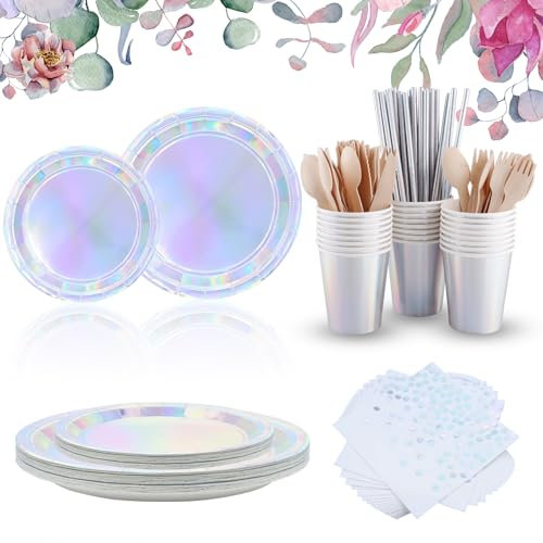 Vexillic Vajilla de Fiesta, 200 piezas Puntos Set de Juego de Platos y Cubiertos, Cubertería de Cartón Vasos y Servilletas para Cumpleaños,Aniversarios (Plateado láser)