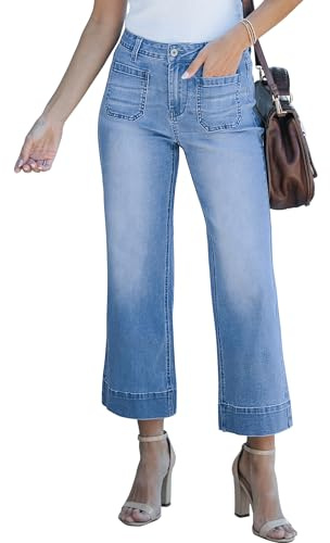 Roskiky Jean baggy pour femme taille haute évasé cropped pantalon denim stretch baggy avec poches plaquées, bleu moyen, S
