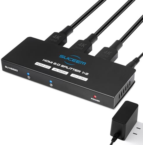 4K@60Hz Répartiteur HDMI 1 entrée 2 Sorties, 1x2 Splitter HDMI Distributeur Audio Vidéo Miroir 2 Écrans, Supporte HDCP2.3 RGB YUV 4:4:4 pour Projecteur, HD TV