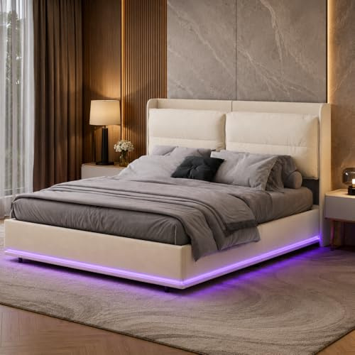 Cama de Maletero de 160x200 cm con somier,Cama Acolchada hidráulica con led,Cama tapizada Caja de Madera con cabecera y somier de láminas,Cama Doble con Almacenamiento hidráulico (Beige+Franela)