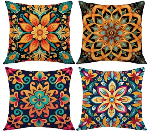 ORMAN Pillow Covers 18x18 Set of 4 Bohemia Mandala Decor Throw Cushion Case for Soft Solid Decorative Square Throw Pillow Covers Set