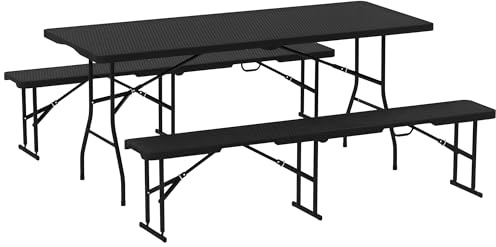 Outsunny Folding Picnic Table and Bench Set Camping Table and Chairs Black | Rattan Effect, Portable, Carrying Handles, Indoor Outdoor, Dining, Camping, Picnic, BBQ, Party