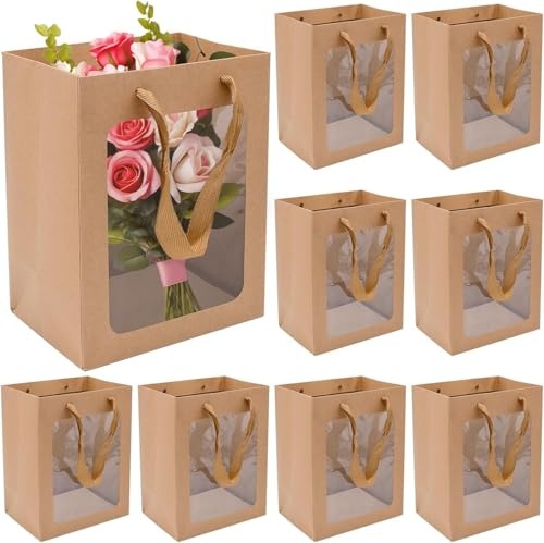 10 Pieces Brown Kraft Paper Gift Bags with Window, Paper Shopping Bags Packing Bags with Handle for Party Favor Storage, Flower Stroage, Food Storage and More (25×23×18 cm)