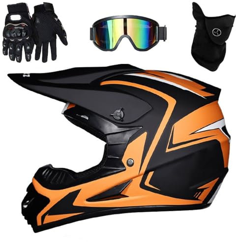 Casque de Motocross IntéGral Pour Adultes Et Enfants, Avec Lunettes, Gants, Masque, Pour Moto Tout-Terrain, Enduro, Descente, VTT, BMX(Orange track,XL (58-59cm))