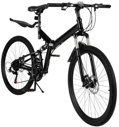 Pinuox 26 Inch Mountain Bike, 21 Speed Folding Mountain Bike with High Carbon Steel Frame, Dual Disc Brakes MTB Bike Adjustable Height Bicycle for Adults Youth Men Women