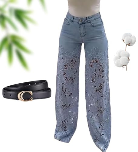 Jean creux en dentelle patchwork pour femme, taille haute, décontracté, vintage, baggy, droit, jambe large, bleu clair, L