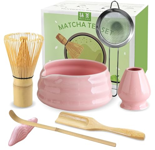 JBER Matcha Kit Rose 7 Pièces, Matcha Set - Fouet à Matcha en Bambou, Bol à Matcha à Buse, Support pour Fouet, Cuillère et Tamis, Kit Matcha pour Cérémonie du Matcha
