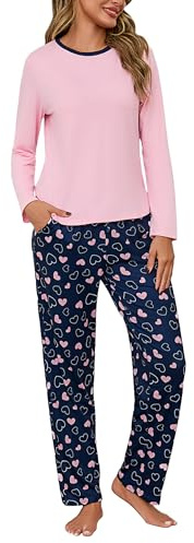 Litherday Womens Pyjamas Set Ladies Pyjamas Cotton Soft Loungewear Sleepwear Top and Heart Print Bottoms with Pockets