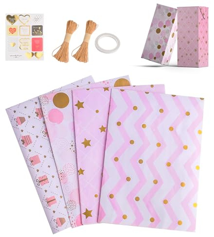 Juego de 4 hojas de papel de regalo brillante – rosa pálido 50 x 70 cm, papel de embalaje para cumpleaños, bodas y días festivos, incluye cordón, pegatinas y cinta adhesiva