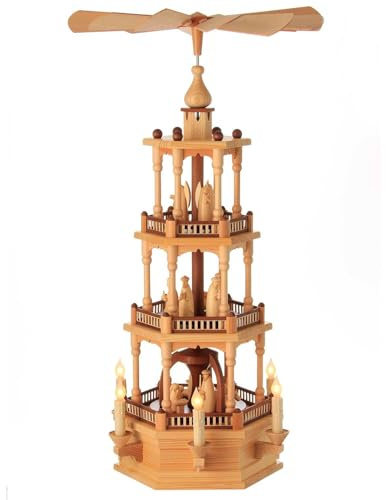 Seiffener Volkskunst Pirámide de Navidad Natural de 3 Pisos con el Nacimiento de Cristo iluminada eléctrica e indirectamente por Schalling