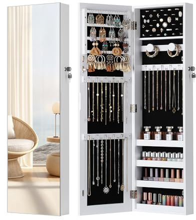 Nicetree Mirror Jewelry Cabinet, Jewelry Armoire with Full Length Mirror,Mirror with Jewelry Storage Wall/Door Mounted, Lockable Jewelry Armoire Organizer,White