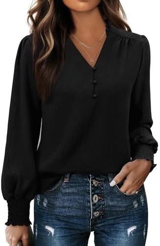 Gleeivy Black Blouses for Women Dressy Casual Long Sleeve Shirts V Neck Tunic Fall Tops Trendy with Smocked Cuffs Business 2026 Outfits Clothes Black L