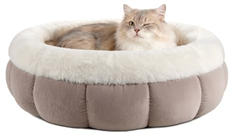 EDMIENS Small Cat bed, Round Cat Beds for Indoor Machine Washable, Kitten Bed Donut Fluffy Calming, Non Slip Reversible Cushion Pet Bed for Cats, Small Dog, Medium Puppy(45x45x16.5cm, Brown)