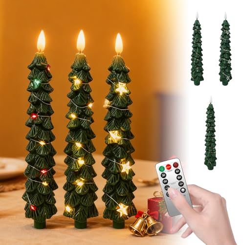 Candele per albero di Natale con telecomando e timer,3PCS LED di cera tremolante per Decorazioni Natalizie, Camino, Vacanza, Feste, Regali