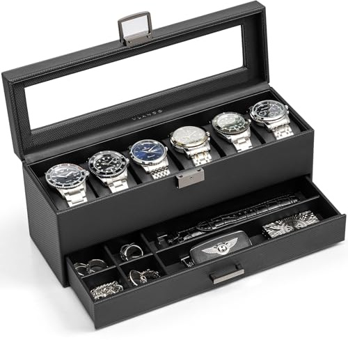 VLANDO Uhrenbox Herren, 6 Uhren 2 Ebenen Uhrenkasten Leder, abschließbarer Uhrenkoffer mit Glasdeckel, Watch Box Uhrenaufbewahrung mit PU Uhrenkissen, Geschenk für Väter, Ehemann, Freund,Schwarz