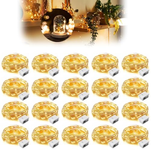 Lot de 20 Guirlande Lumineuses LED à Pile 2M 20LED Saint Valentin Mini Led Petite Interieur Girlande Lumière Micro Fée Chaîne Lumières Étanche Décoration Mariage Chambre Bouteille Jardin Blanc Chaud