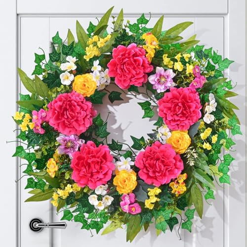 Yastouay Spring Wreaths for Front Door, 24 Inch Large Spring Summer Door Wreath with Vibrant Peonies Hibiscus Flowers, Spring Wreath for Front Door Farmhouse Porch Wall Window Indoor Outdoor Decor
