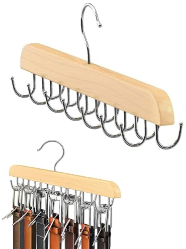 Soporte para Cinturones de Madera con 14 Ganchos Metálicos Giratorios 360° - Perchero Organizador de Armario para Cinturones, Corbatas, Bufandas y Sujetadores - Ahorrador de Espacio y Antideslizante