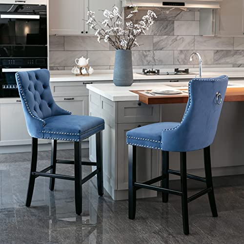 Generisch Juego de 2 taburetes de bar de terciopelo azul con acolchado de botones, patas de madera y altura ajustable, elegantes sillas de bar para cocina, salón y apartamento, alta capacidad de carga