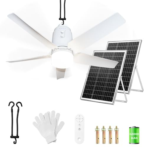 Ventilatore da soffitto solare, con illuminazione per esterni, pannello solare da 60 W e batteria da 40000 mAh, grande ventilatore da soffitto portatile con luce, telecomando per campeggio (80CM)