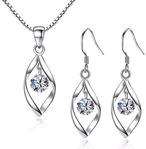Zolkamery Silver Jewellery Set for Women, 925 Sterling Silver Women's Jewellery Sets with White Zirconia, Fashion Twist Pendant Necklace & Hook Dangle Earrings Set, Gift for Wife on Valentine’s Day