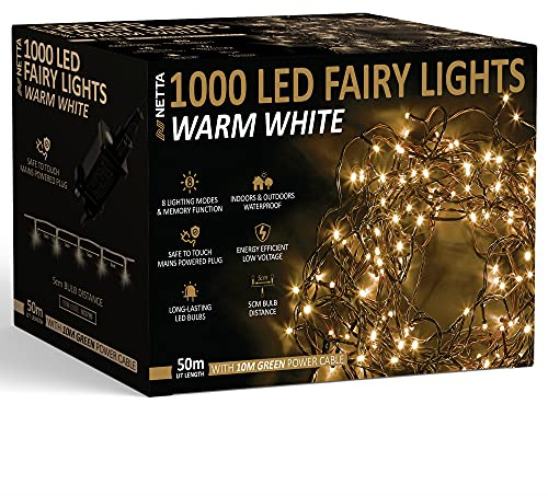 NETTA Christmas Tree Fairy Lights 1000 LED 50m Warm White with 8 Different Modes; for Outdoor & Indoor Use, Plug in Xmas Party Decorations - 1000 LED/ 50M Lit-Length