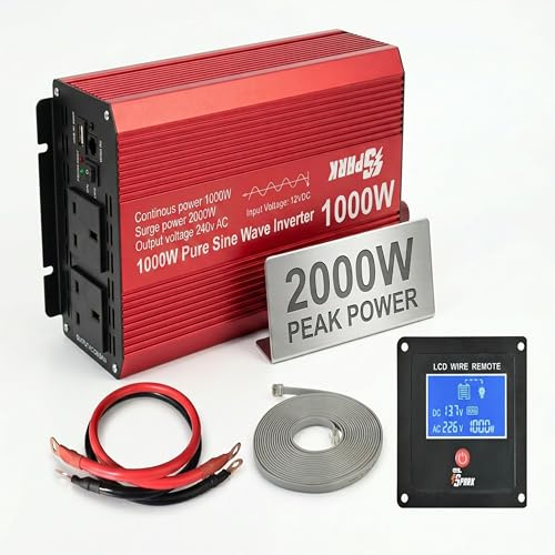 Spark 1000W Pure Sine Wave Power Inverter, 12V to 230V/240V AC Converter for Car, Van, Caravan & Camping — 2000W Peak, 2 UK Sockets, USB, Wired LCD Remote