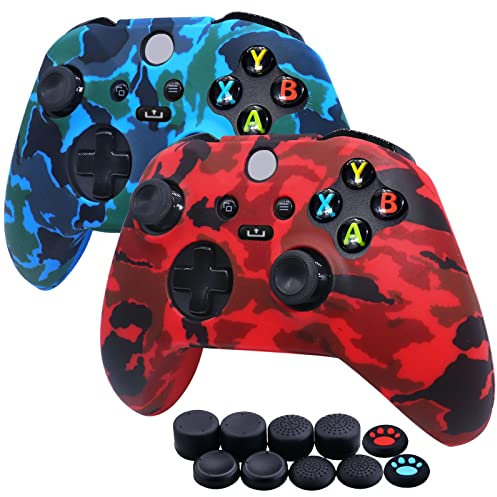 [2 Stück] Jusy Silikon Hülle für Xbox Series X/S Controller, Anti-Rutsch Anti-Schweiß Controller Hülle Skin Case x 2 mit FPS PRO Thumbsticks Thumb Grips Aufsätze x 10 (Blau+Rot)