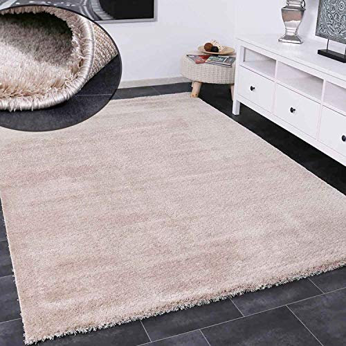 VIMODA Teppich Shaggy hochflor in Beige Flauschig Microfaser Dicht Weich für Wohnzimmer, Schlafzimmer, Maße:80x150 cm